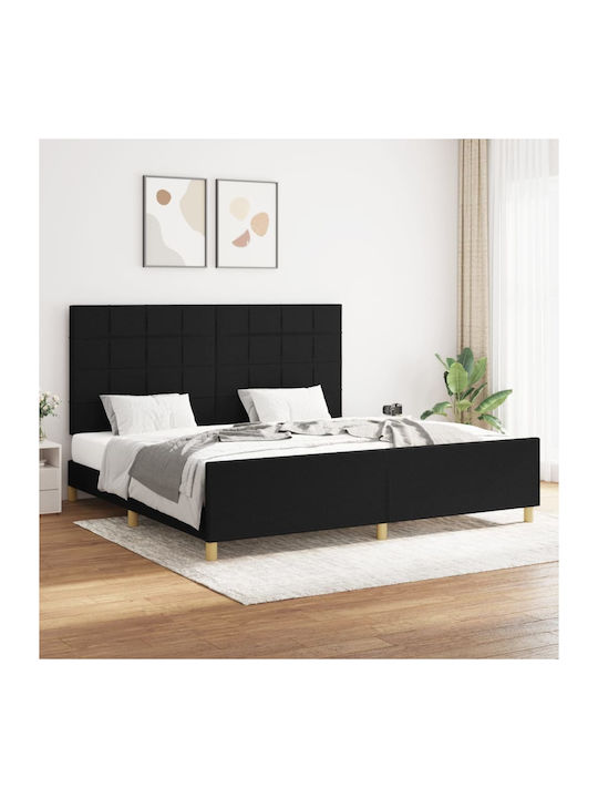 Κρεβάτι King Size Επενδυμένο με Ύφασμα Μαύρο με Τάβλες για Στρώμα 200x200cm