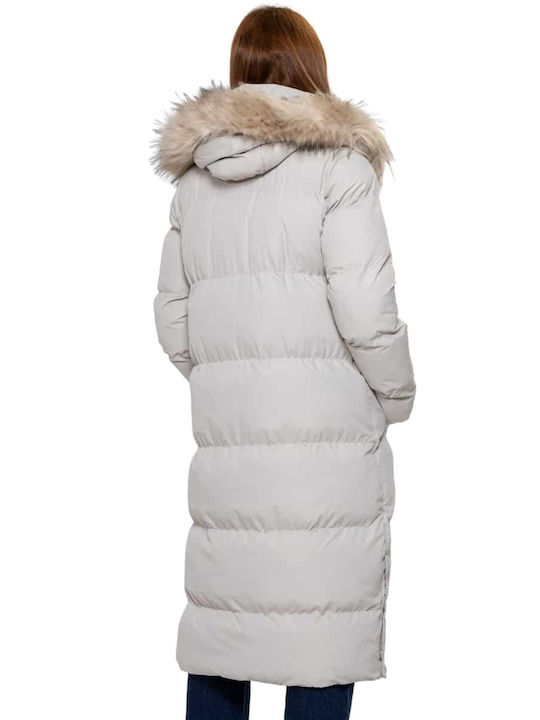 Splendid Lang Damen Puffer Jacke mit pelziger Kapuze für Winter Ice