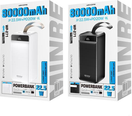 WK WP-271 Power Bank 80000mAh 22.5W with 3 USB-A Ports and USB-C Port Power Delivery / Quick Charge 3.0 Minre White