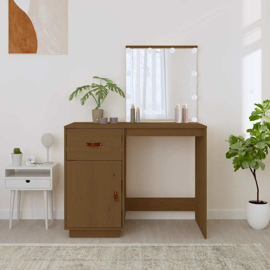 Masă De Toaletă De Podea Din Lemn Masiv Culoarea Mierii Cu Oglindă 95x50x133.5cm
