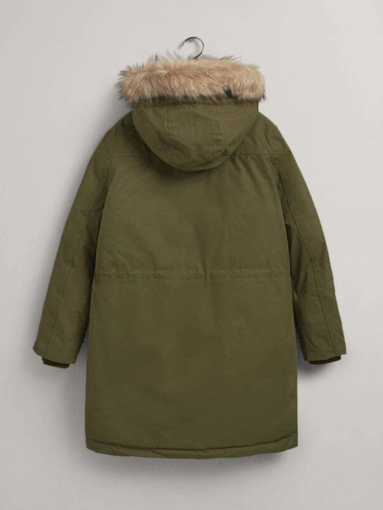 Gant Lang Damen Parka Jacke mit pelziger Kapuze für Winter Hunter Green