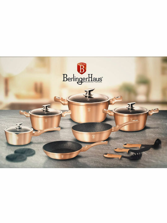 Berlinger Haus Metallic Line Cookware Set of Aluminum with Stone Coating Rose Gold Collection 15pcs