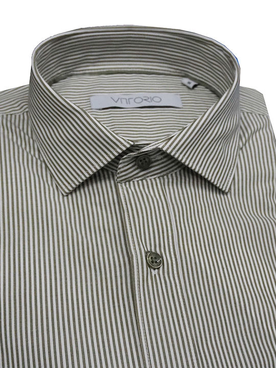 Vittorio Artist Men's Shirt Long Sleeve Cotton Striped Khaki