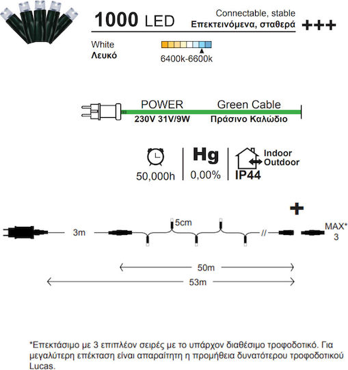 1000 Lichterketten LED Kaltes Weiß in Zeichenfolge 1Stück