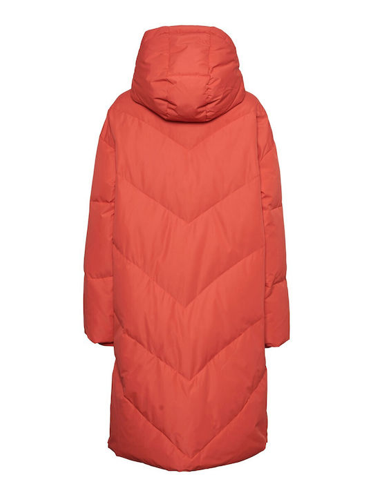 Vero Moda Women's Long Puffer Jacket for Winter with Hood Orange
