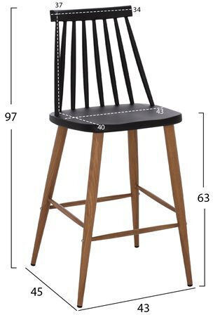 Stool Bar with Backrest made of Polypropylene Vanessa Black 43x45x97cm