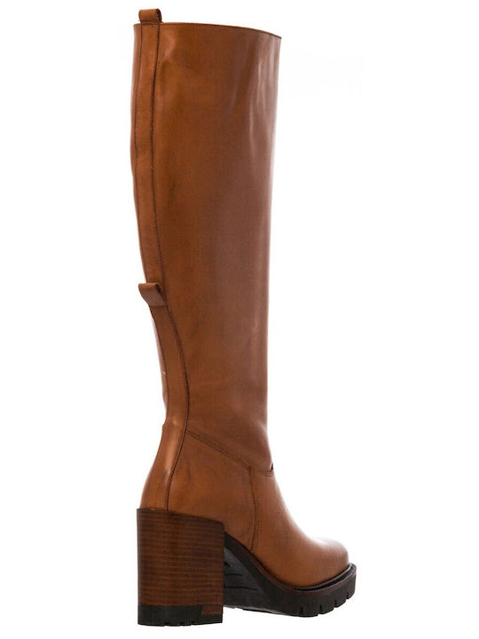 Leather High Heel Women's Boots with Zipper / Rubber Tabac Brown