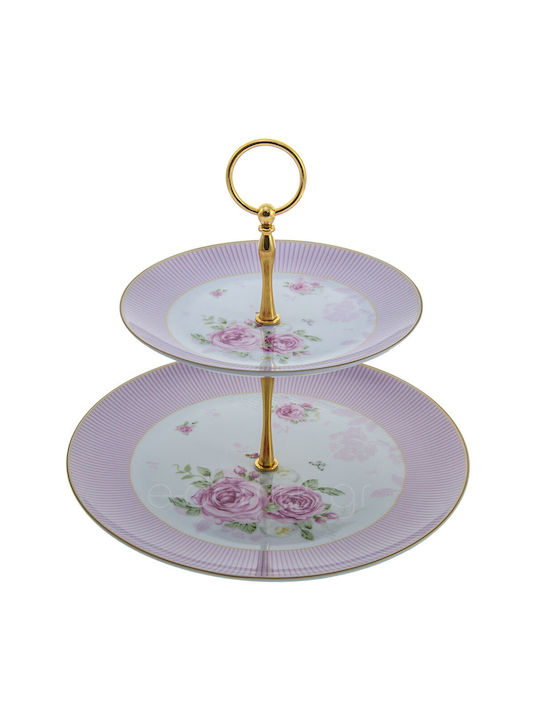 English Floral Flowers Εταζέρα 2 Ορόφων από Πορσελάνη Ροζ Ø27xY24cm