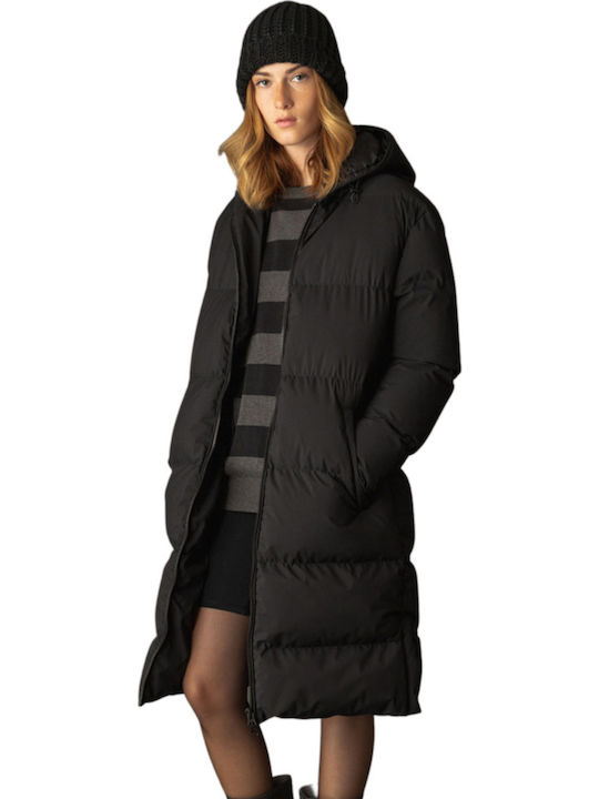 Women's Long Puffer Jacket for Winter with Hood Black