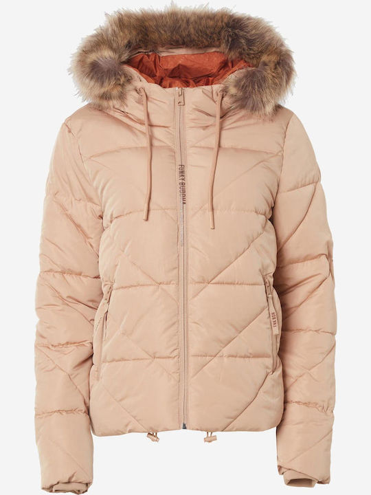 Kurz Damen Puffer Jacke mit pelziger Kapuze für Winter Beige