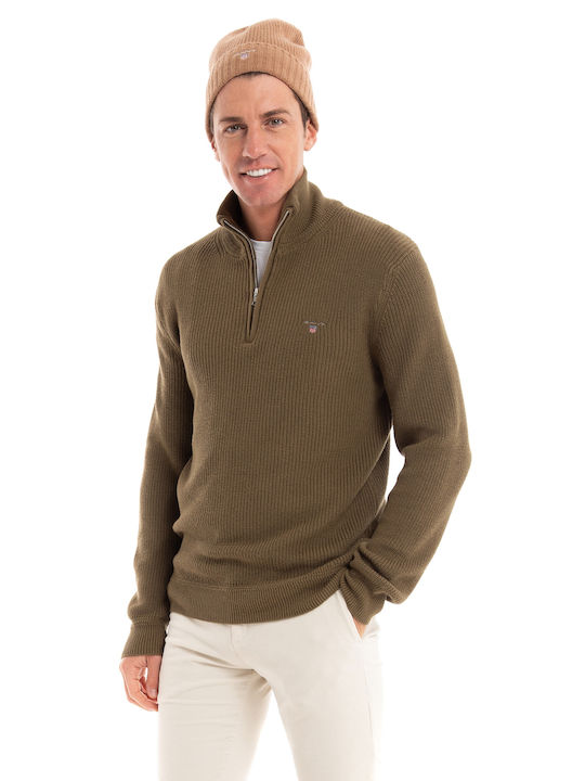Gant Herren Langarm-Pullover Ausschnitt mit Reißverschluss Khaki