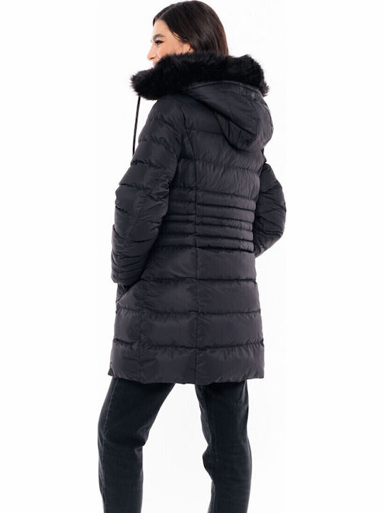 Women's Long Puffer Jacket for Winter with Detachable Hood Black