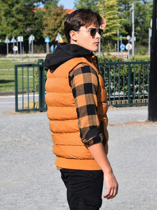 Men's Sleeveless Jacket with detachable hood in mustard color (CODE Q32)