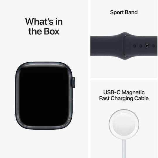 Apple Watch Series 8 Aluminium 45mm Waterproof with Heart Rate Monitor (Midnight with Midnight Sport Band)