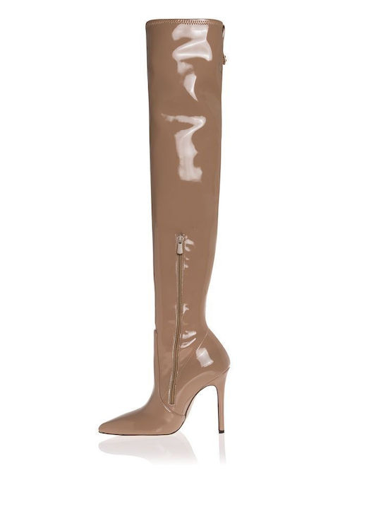 Patent Leather Over the Knee High Heel Women's Boots with Zipper Tabac Brown