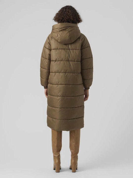 Vero Moda Women's Long Puffer Jacket for Winter with Hood Khaki