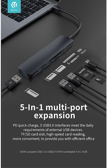 Devia Leopard Hub 3 Θυρών USB 3.0 με σύνδεση USB-C Γκρι