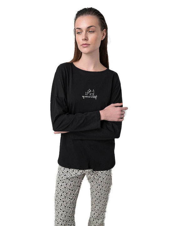 Vamp Winter Damen Pyjama-Set Baumwolle Schwarz