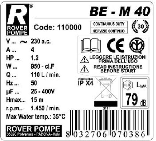 Rover Pompe Einphasen-Transferpumpe mit Leistung 1.2hp