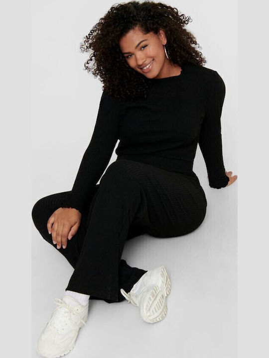 Curvy Damen Stoff Hose Schlag mit Gummizug in Lockere Passform Schwarz