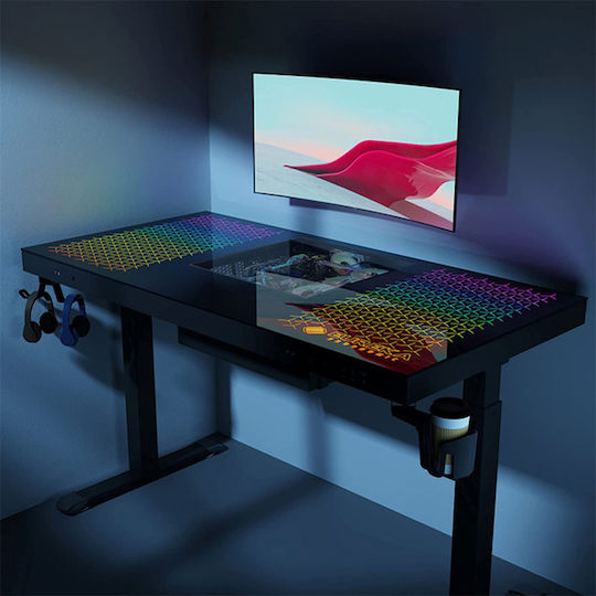 Gaming Office ERK-GD-I55-B Glass Black with Metal Legs, Adjustable Height & LED 140x70x73cm