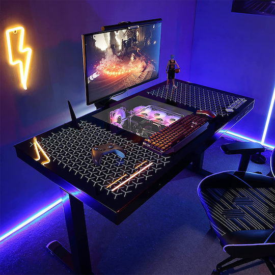 Gaming Office ERK-GD-I55-B Glass Black with Metal Legs, Adjustable Height & LED 140x70x73cm