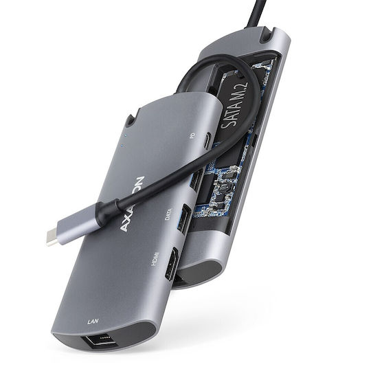 Axagon HMC-6M2 USB-C Docking Station mit HDMI 4K PD Ethernet Silber