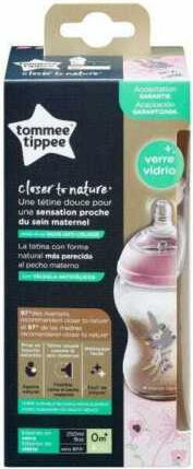 Tommee Tippee Glass Baby Bottle Closer To Nature Anti-colic with Silicone Teat for 0+ Months Pink Mouse 250ml