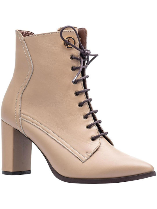 Mourtzi Leather Women's Ankle Boots with High Heel Beige