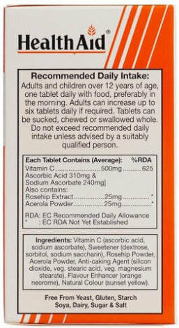 Health Aid Vitamin C Βιταμίνη για Ενίσχυση του Ανοσοποιητικού, τo Δέρμα & Αντιοξειδωτική δράση 500mg Πορτοκάλι 60 μασώμενες ταμπλέτες