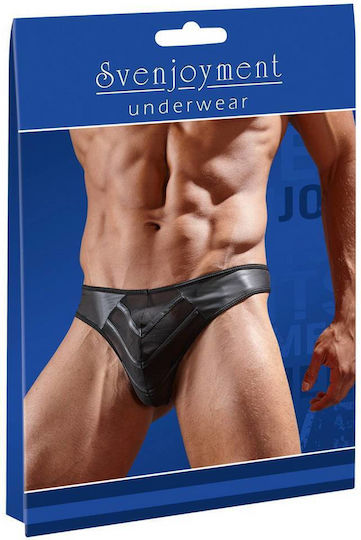 Svenjoyment Underwear Faux Leather G-String with Powernet Inserts Ανδρικό Sexy String Μαύρο