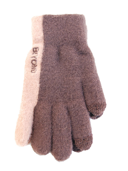 Vamore unisex knitted gloves bicolour brown - beige, elastic mohair [54373]