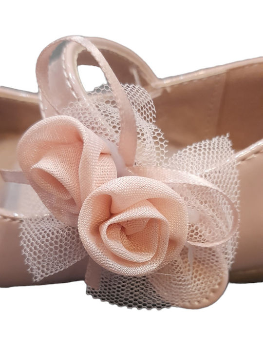 Ballerina Pink-Nude patent cu flori din material textil și baretă