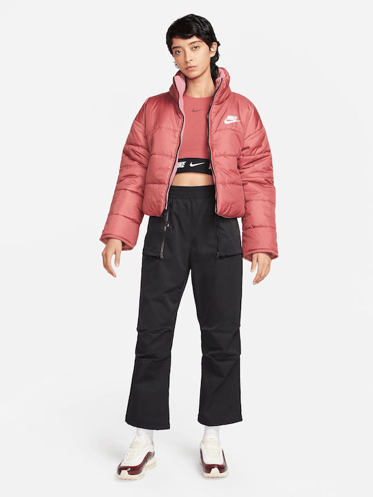 Sportswear Women's Short Puffer Jacket Double Sided Waterproof for Winter Red