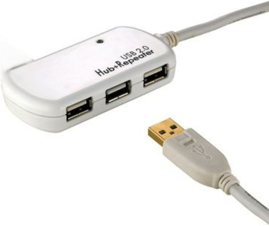 Roline Cablu Repeater 12m Cu Hub 3 Porturi Hub 4 Porturi USB 2.0 Cu Conectare USB-A Alb
