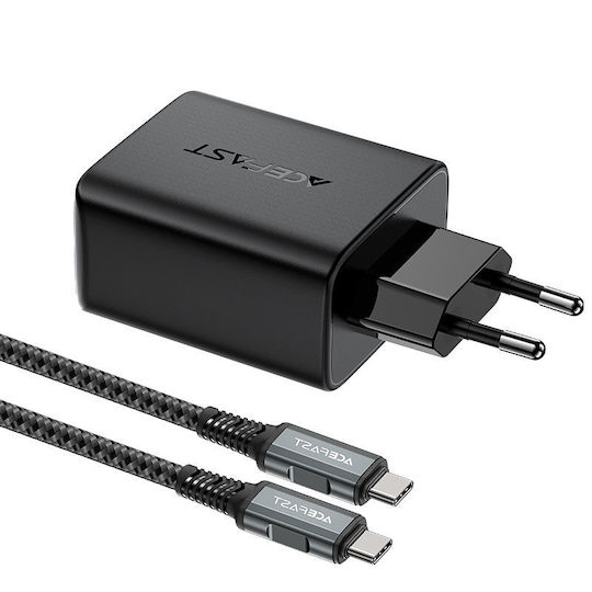 Acefast Φορτιστής GaN με Θύρα USB-A και Θύρα USB-C και Καλώδιο USB-C 65W Power Delivery / Quick Charge 3.0 Μαύρος (A17)