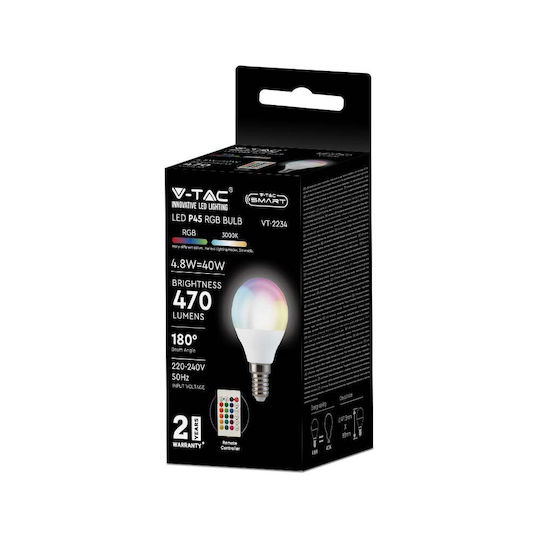 V-TAC Smart Λάμπα LED 4.8W για Ντουί E14 και Σχήμα P45 RGBW 470lm Dimmable