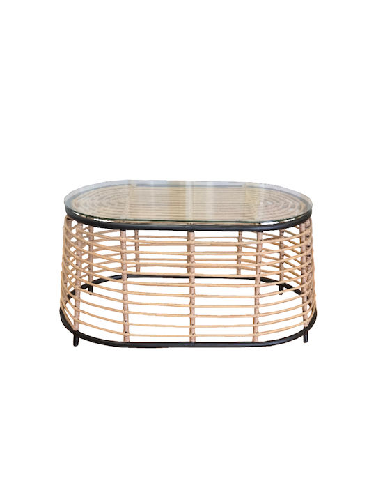 Loom Sitting Room Outdoor Free Standing Table with Glass Surface and Rattan Frame Natural 55x95x45cm