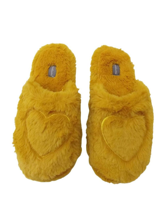 Noidinotte PF2316 Χειμερινές Γυναικείες Παντόφλες με γούνα σε Κίτρινο Χρώμα