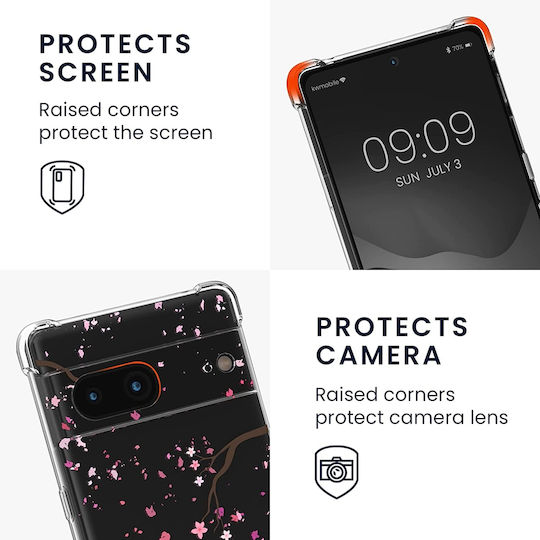 KWmobile Cherry Blossoms Pink Petals Back Cover Silicone with Strap Dark Brown / Transparent (Google Pixel 7)