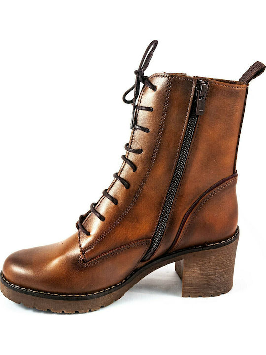 Leather Women's Ankle Boots with Medium Heel Tabac Brown