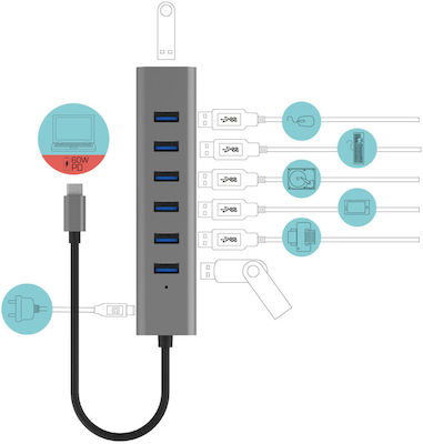 i-tec USB 3.2 Hub 7 Porturi cu conexiune USB-C și Port de încărcare Argint