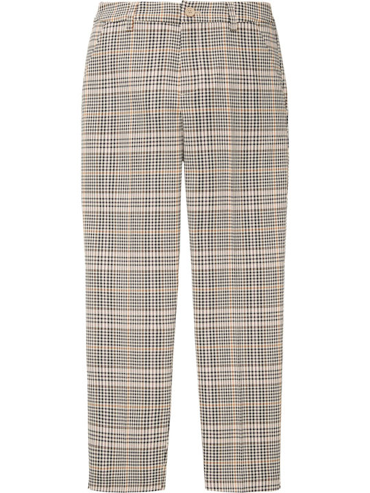 Women's Fabric Capri Trousers Checked Beige
