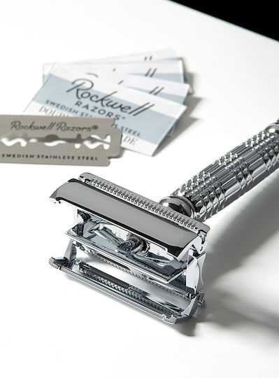 Rockwell Razors R1 Rookie Бръсначка сигурност Затворен тип Пеперуда с остриета за чувствителна кожа бял хром 5бр