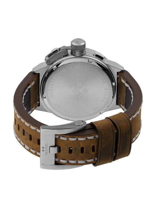 TW Steel Herrenuhr 46mm Chronograph Batterie mit Braun Lederarmband