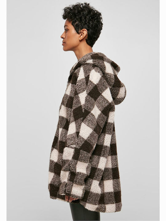 Sherpa Women's Checked Pink/Brown Coat Oversized with hood