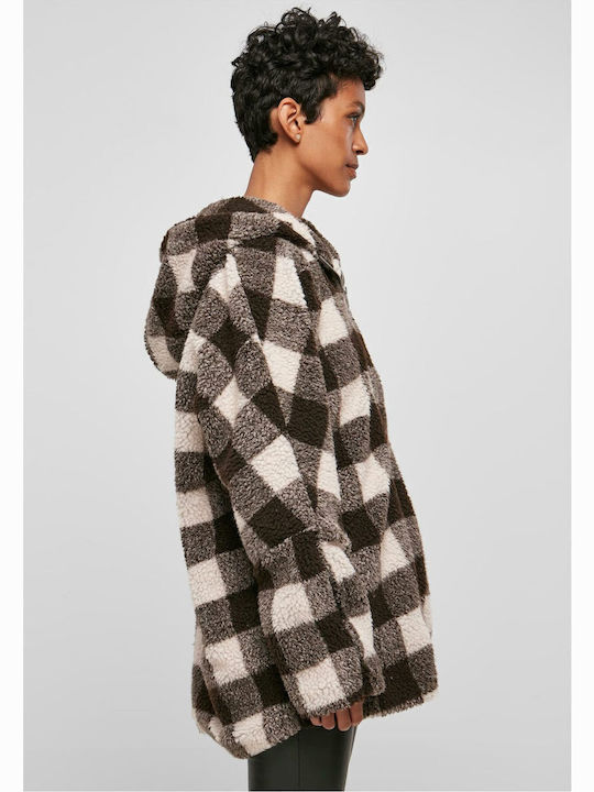 Sherpa Women's Checked Pink/Brown Coat Oversized with hood