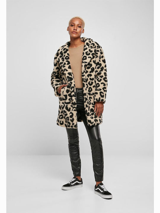 Sherpa Women's Leopard Sand Leo Coat Oversized with Buttons