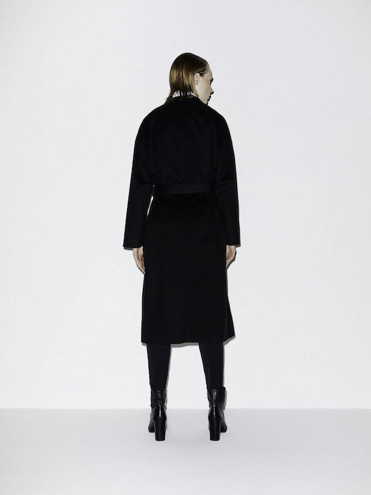 Sisley Γυναικείο Μαύρο Παλτό με Ζώνη