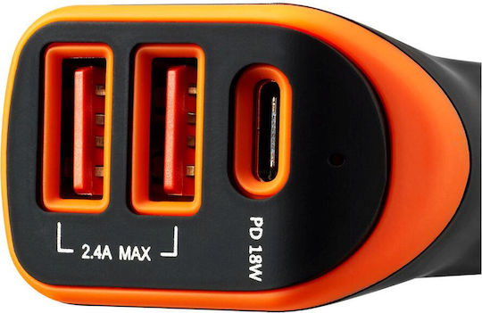 Canyon С-08 Автомобилно Зарядно Устройство 18W 2.4A с 2xUSB-A 1xType-C Черен Цвят